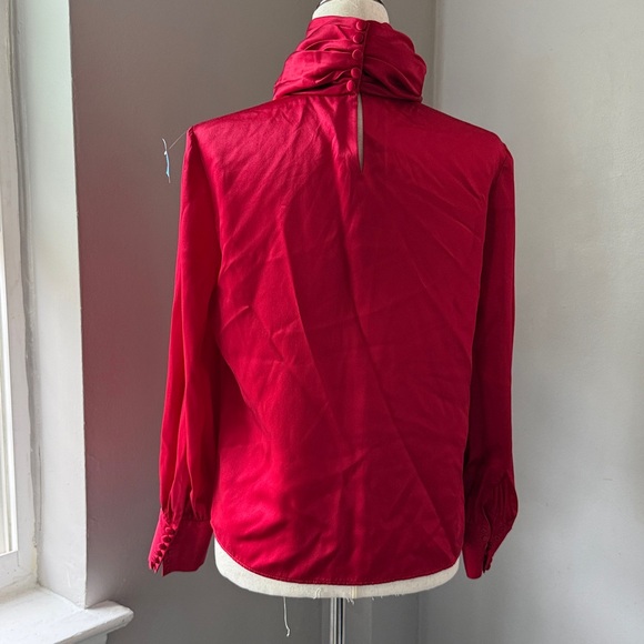 VTG Red Silk Satin Balloon Button Sleeve Blouse L - Picture 2 of 14